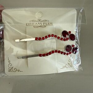 Ruby Red Hair Pins set of 2 silver metal 2 shades of red rhinestones & two size